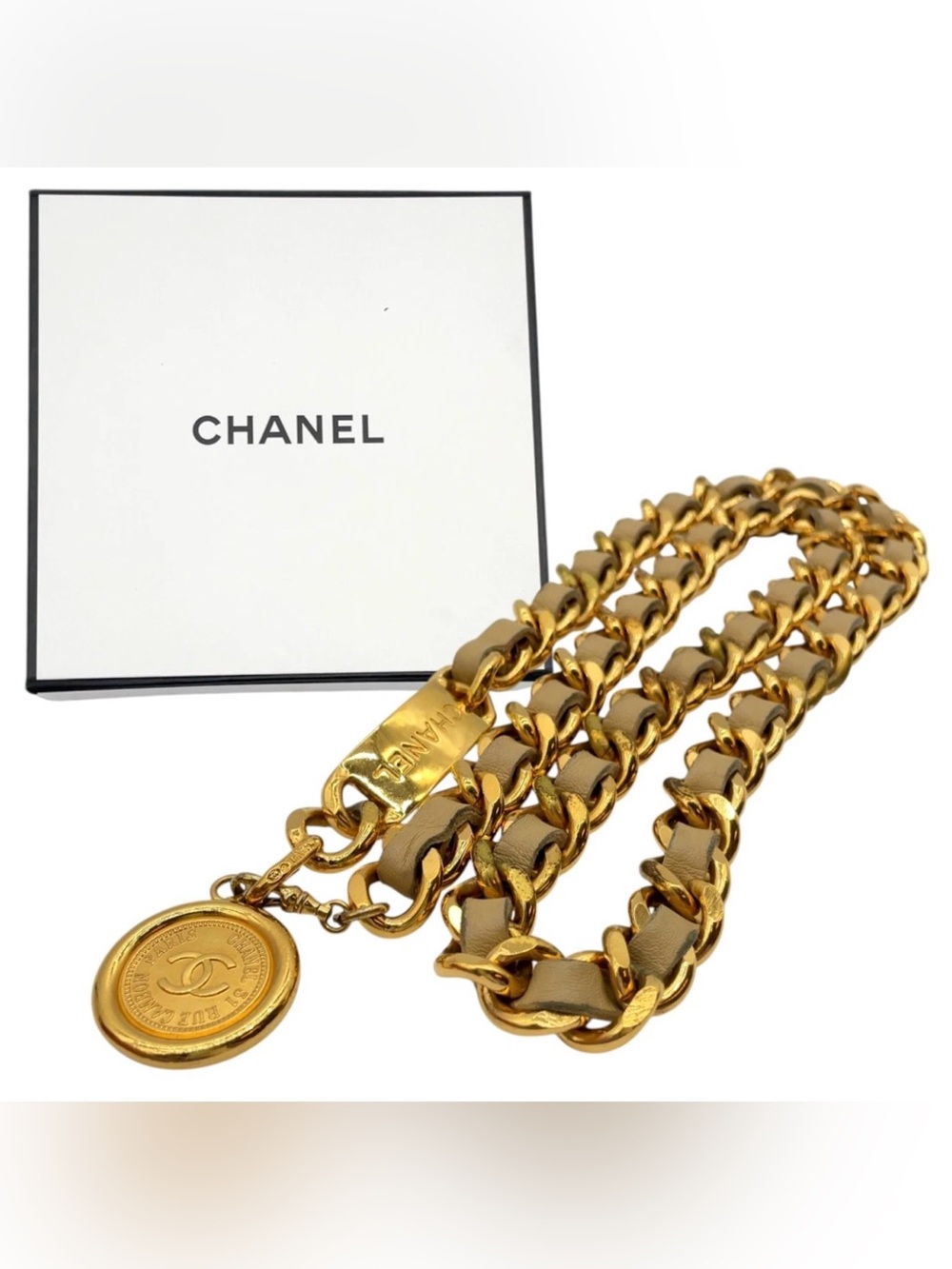 CHANEL Gold-Tone Chain Link Belt with Taupe Leather Weave and CC Medallion
